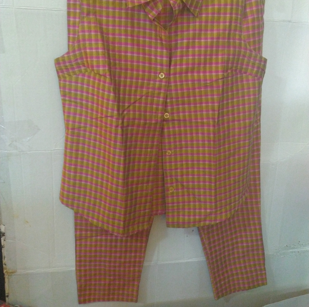 Gap Pure Silk Bright Plum Gingham Check Plaid Vest & Straight Leg Pant Suit Set